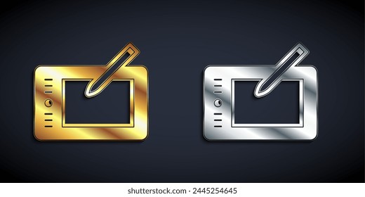 Gold and silver Graphic tablet icon isolated on black background. Long shadow style. Vector