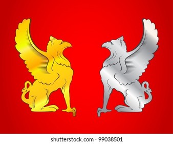 gold and silver griffins on the red background