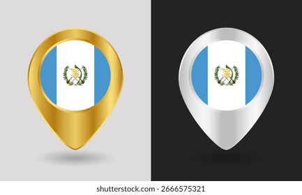 Ícone de pino de mapa da bandeira dourada e prateada da Guatemala