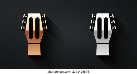 Gold and silver Guitar icon isolated on black background. Acoustic guitar. String musical instrument. Long shadow style. Vector