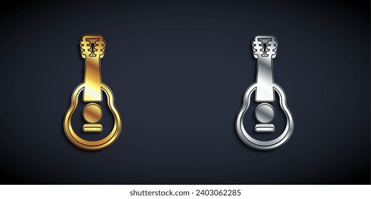 Gold and silver Guitar icon isolated on black background. Acoustic guitar. String musical instrument. Long shadow style. Vector