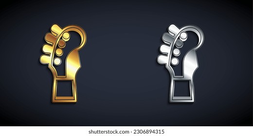 Gold and silver Guitar neck icon isolated on black background. Acoustic guitar. String musical instrument. Long shadow style. Vector