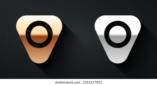 Gold and silver Guitar pick icon isolated on black background. Musical instrument. Long shadow style. Vector