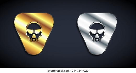 Gold and silver Guitar pick icon isolated on black background. Musical instrument. Long shadow style. Vector