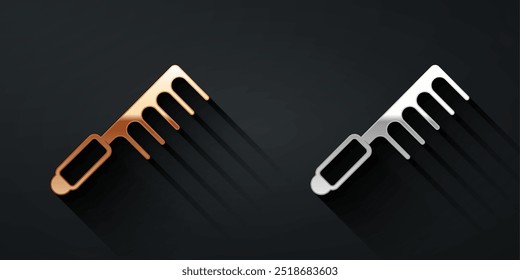 Gold and silver Hairbrush icon isolated on black background. Comb hair sign. Barber symbol. Long shadow style. Vector