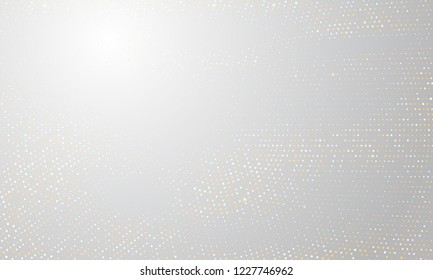 Gold and silver halftone background. Vector golden glitter circle with dotted sparkles pattern texture on white halftone shine