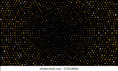 Fondo negro dorado y plateado de medio tono. Círculo vectorial de brillo dorado con chispas punteadas o patrón de brillo medio tono textura de fondo negro. Círculos dorados, patrón de puntos, vector, gruñón