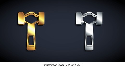 Gold and silver Hammer icon isolated on black background. Tool for repair. Long shadow style. Vector