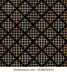 ouro e prata mão desenhado quadrados a partir de linhas entrecruzadas. fundo repetitivo preto. vetor padrão sem costura. amostra de tecido geométrico. papel de embrulho. modelo de design para têxtil, linho, decoração