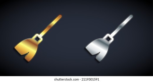 Gold and silver Handle broom icon isolated on black background. Cleaning service concept. Long shadow style. Vector