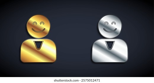 Gold and silver Happy customer icon isolated on black background. Long shadow style. Vector