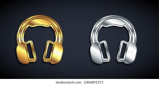 Gold und Silber Kopfhörer Symbol einzeln auf schwarzem Hintergrund. Erdhörer. Konzept für Musikhören, Service, Kommunikation und Bedienung. Lange Schattenstil. Vektorgrafik