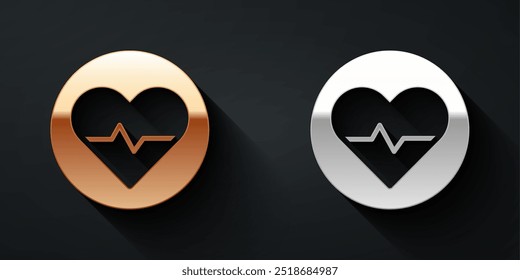 Gold and silver Heart rate icon isolated on black background. Heartbeat sign. Heart pulse icon. Cardiogram icon. Long shadow style. Vector