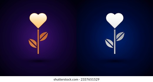 Gold and silver Heart shape in a flower icon isolated on black background.  Vector