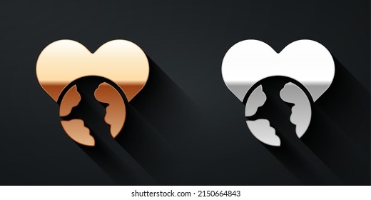 Gold And Silver The Heart World - Love Icon Isolated On Black Background. Long Shadow Style. Vector