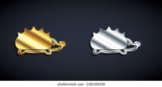 Gold and silver Hedgehog icon isolated on black background. Animal symbol. Long shadow style. Vector