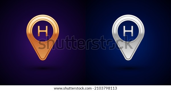 Gold and silver Helicopter landing pad icon\
isolated on black background. Helipad, area, platform, H letter. \
Vector