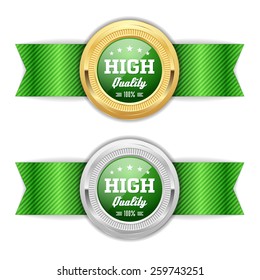 Gold and silver high quality badge with green ribbon