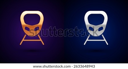 Gold and silver High-speed train icon isolated on black background. Railroad travel and railway tourism. Subway or metro streamlined fast train transport.  Vector