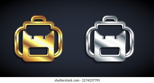 Gold and silver Hiking backpack icon isolated on black background. Camping and mountain exploring backpack. Long shadow style. Vector