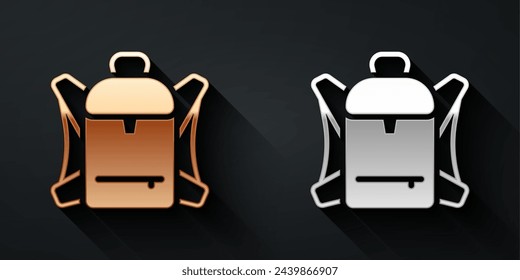 Gold und Silber Wanderrucksack-Symbol isoliert auf schwarzem Hintergrund. Camping und Bergerkundung Rucksack. Langer Schatten. Vektor