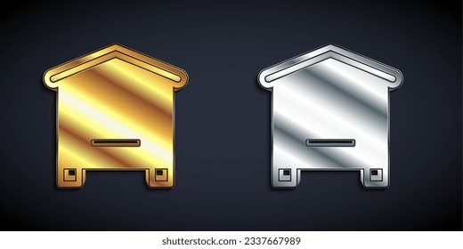 Gold and silver Hive for bees icon isolated on black background. Beehive symbol. Apiary and beekeeping. Sweet natural food. Long shadow style. Vector
