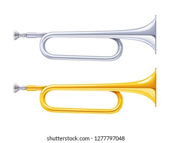 Gold and silver horn trumpet Musical instrument. Golden Royal fanfare for play music. Isolated white background. EPS10 vector illustration.