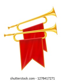 Gold And Silver Horn Trumpet Musical Instrument. Golden Royal Fanfare For Play Music. Isolated White Background. EPS10 Vector Illustration.