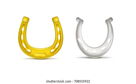 Gold and silver horseshoes symbols of wealth and prosperity realistic vector illustrations on white background with shadow