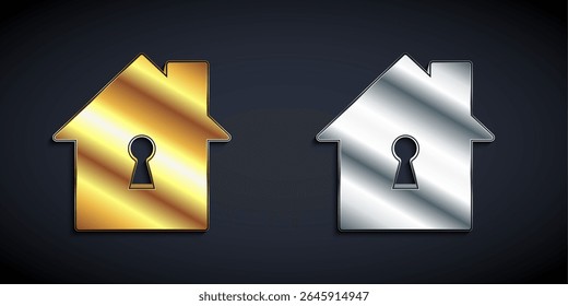 Gold and silver House under protection icon isolated on black background. Home and shield. Protection, safety, security, protect, defense concept. Long shadow style. Vector