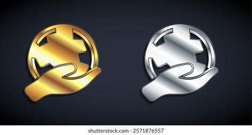 Gold and silver Human hand holding Earth globe icon isolated on black background. Save earth concept. Long shadow style. Vector