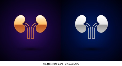Icono de riñones humanos dorados y plateados aislados en fondo negro.  Vector