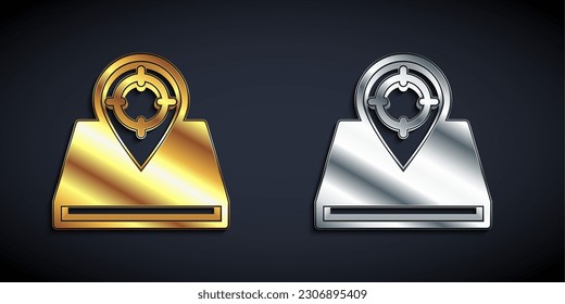Gold and silver Hunt place icon isolated on black background. Navigation, pointer, location, map, gps, direction, place, compass, contact, search. Long shadow style. Vector