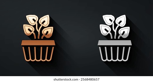 Gold and silver Indoor plant ivy in a pot icon isolated on black background. Branch with leaves. Long shadow style. Vector