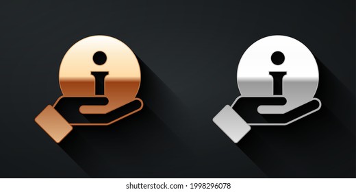 Gold and silver Information icon isolated on black background. Long shadow style. Vector