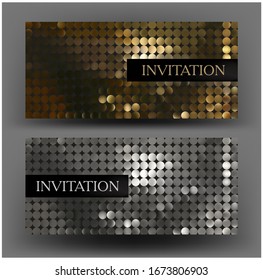 Gold and silver invitation cards with metal sequins. Vector illustration