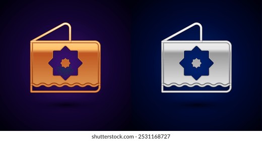 Gold and silver Islamic octagonal star ornament icon isolated on black background.  Vector