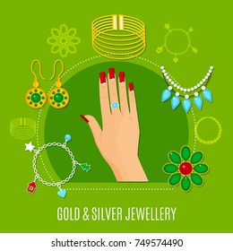 Gold and silver jewelry composition including female hand with ring, bangles, brooches on green background vector illustration