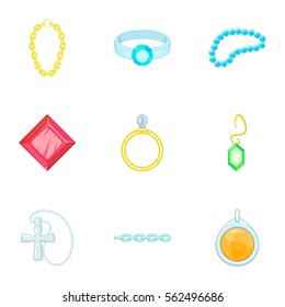 Gold and silver jewelry icons set. Cartoon illustration of 9 gold and silver jewelry vector icons for web