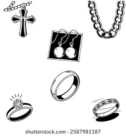 Gold and silver jewelry with jewels, rings, earrings, chains. Set of vector monochrome sketches in line doodle art style