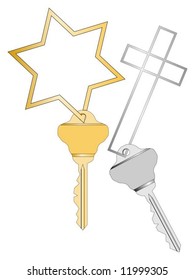 Gold and silver key with Star of David and Cross