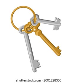 Gold- und Silberschlüssel auf dem Ring. Set von handgezeichneten Vintage Keys, Hochzeit- und Valentinstag-Symbolen. einzelne Vektorgrafik