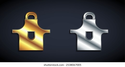 Icono de delantal de cocina de oro y plata aislado sobre fondo negro. Chef uniforme para cocinar. Estilo de sombra larga. Vector