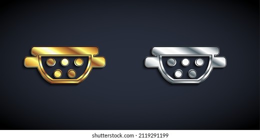 Gold and silver Kitchen colander icon isolated on black background. Cooking utensil. Cutlery sign. Long shadow style. Vector