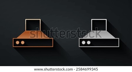 Gold and silver Kitchen extractor fan icon isolated on black background. Cooker hood. Kitchen exhaust. Household appliance. Long shadow style. Vector