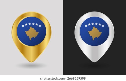 Ícone de pino dourado e prata do mapa da bandeira do Kosovo