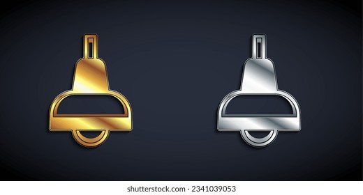 Gold and silver Lamp hanging icon isolated on black background. Ceiling lamp light bulb. Long shadow style. Vector
