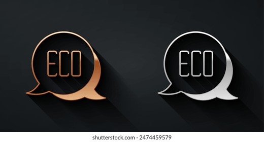 Gold and silver Leaf Eco symbol icon isolated on black background. Banner, label, tag, logo, sticker for eco green. Long shadow style. Vector