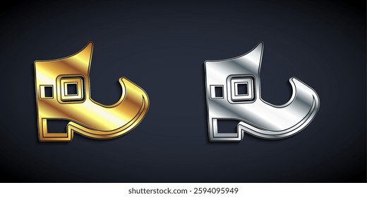 Gold and silver Leprechaun boot icon isolated on black background. Happy Saint Patricks day. National Irish holiday. Long shadow style. Vector