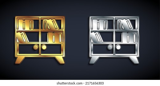 Gold and silver Library bookshelf icon isolated on black background. Long shadow style. Vector